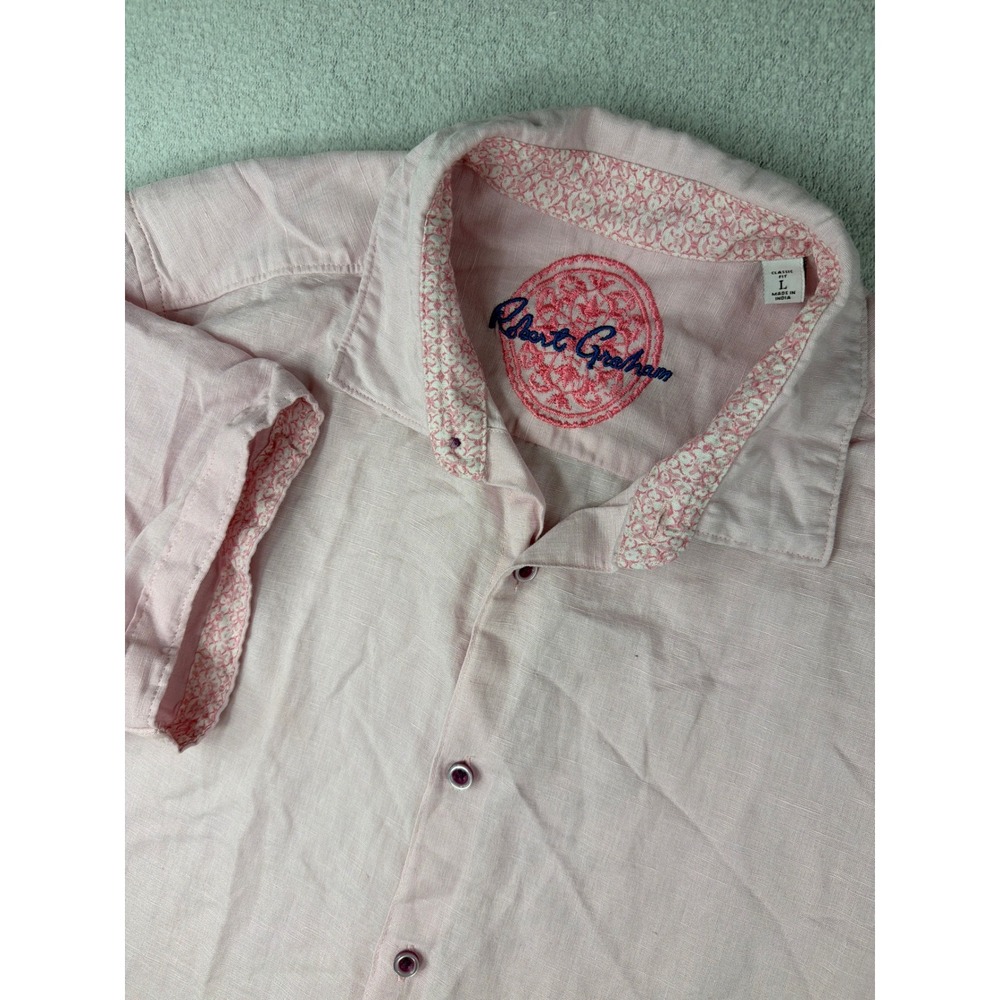 Robert Graham Mens Pink Linen Blend Short Sleeve Button Down Shirt Classic Fit L